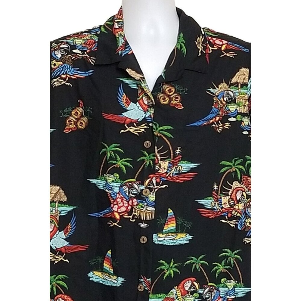 Benny's Hawaiian Camp Shirt Men's XL‎ Parrots Cocktails Black Colorful Button